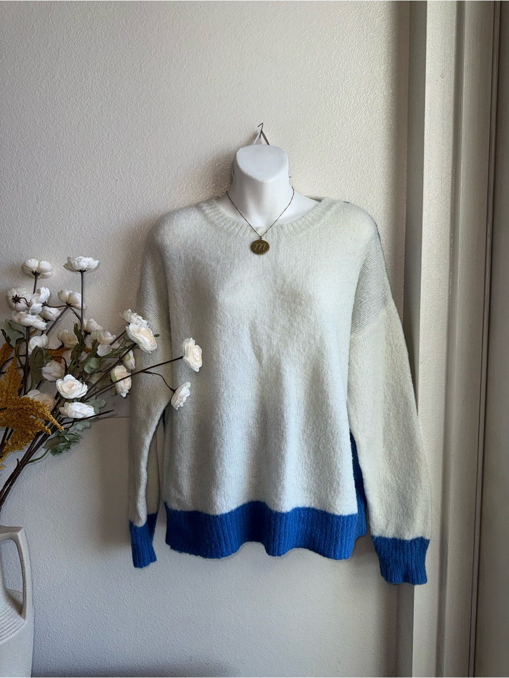Women's Cream Crewneck Sweater with Blue Hem